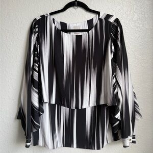 Chico's Black Label Black White Gray Vertical Stripe Layered Blouse size 2
